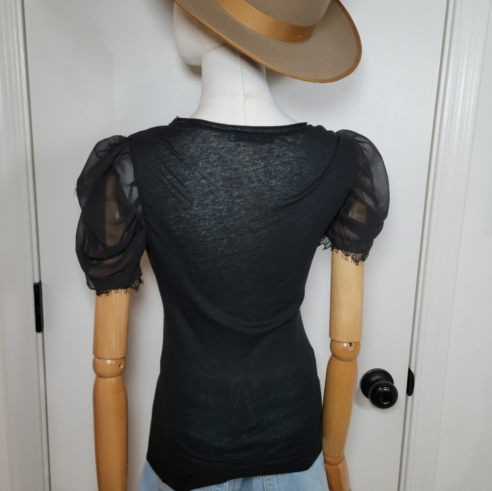 Alice + Olivia Black Sheer Sleeve Tee 100% Silk Detail Size XS - Picture 6 of 10